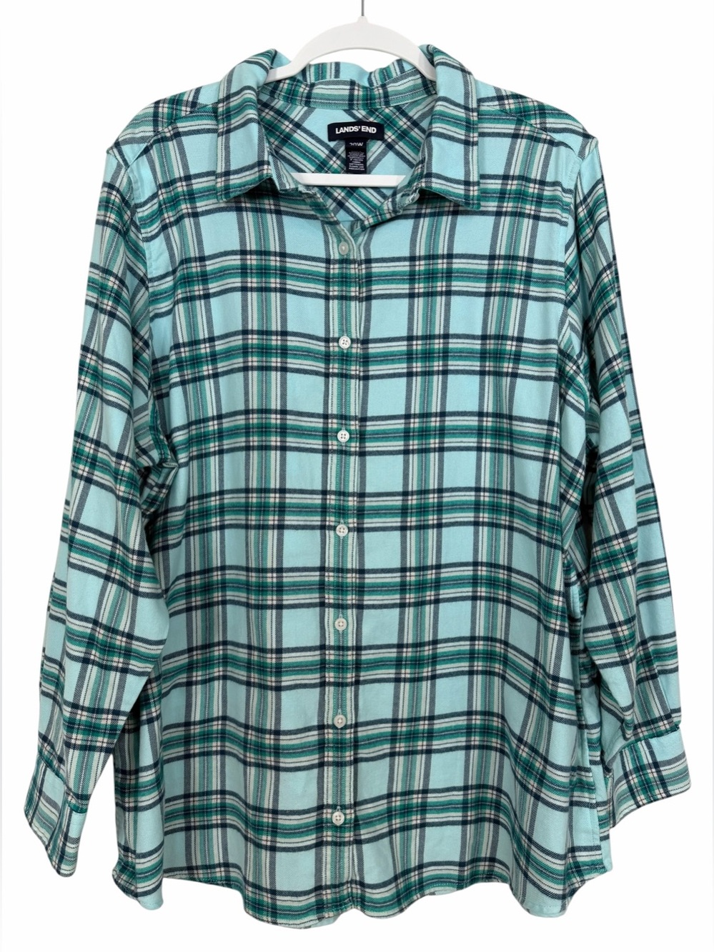Lands’ End Women’s Flannel Button Front Shirt Light Blue Teal Plaid Size 20W